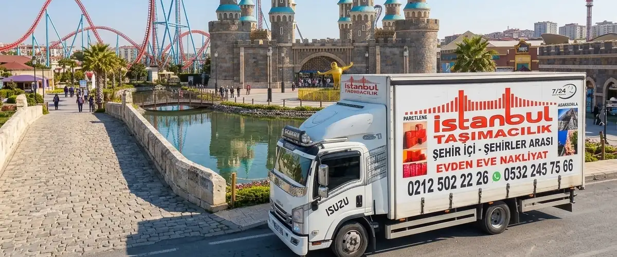 İstanbul Taşımacılık evden eve nakliyat kamyonu, Gaziosmanpaşa yakınındaki tema parkı önünde